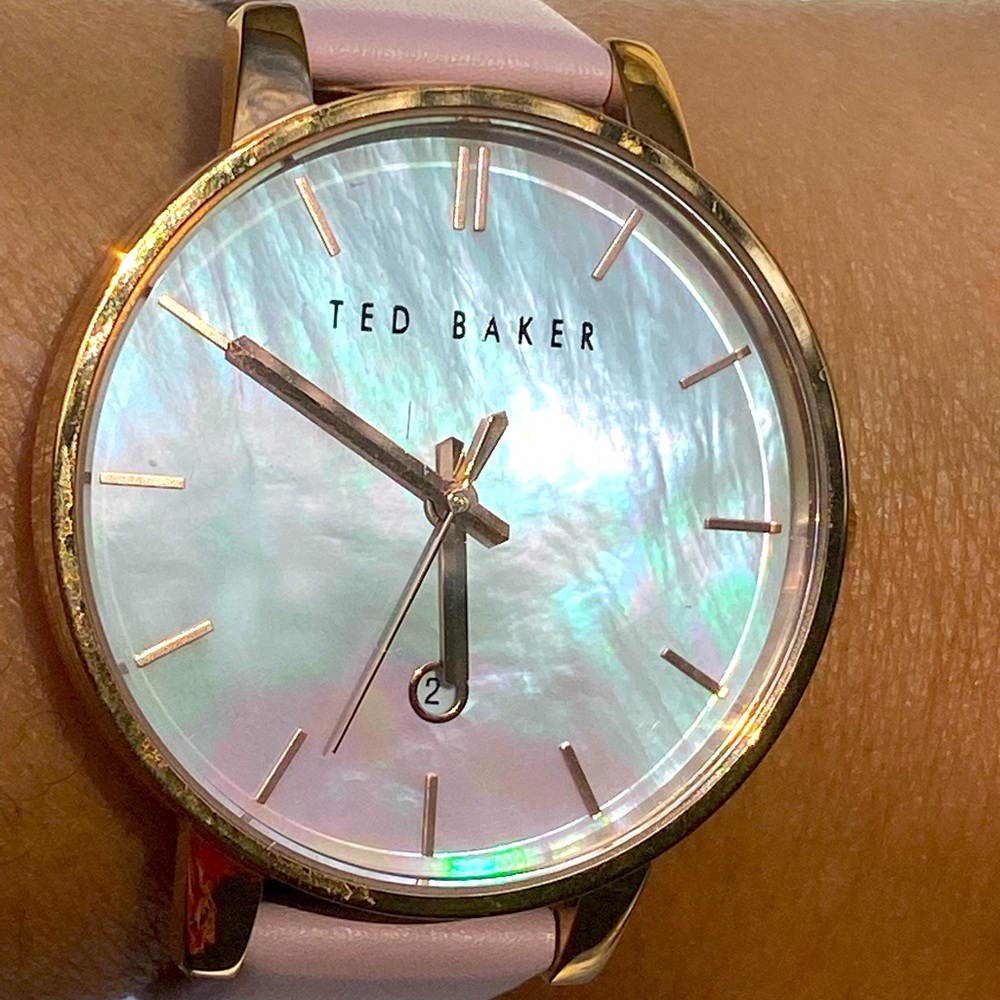 Ken Baker White MOP boyfriends dial watch. Leather soft rose pink band.